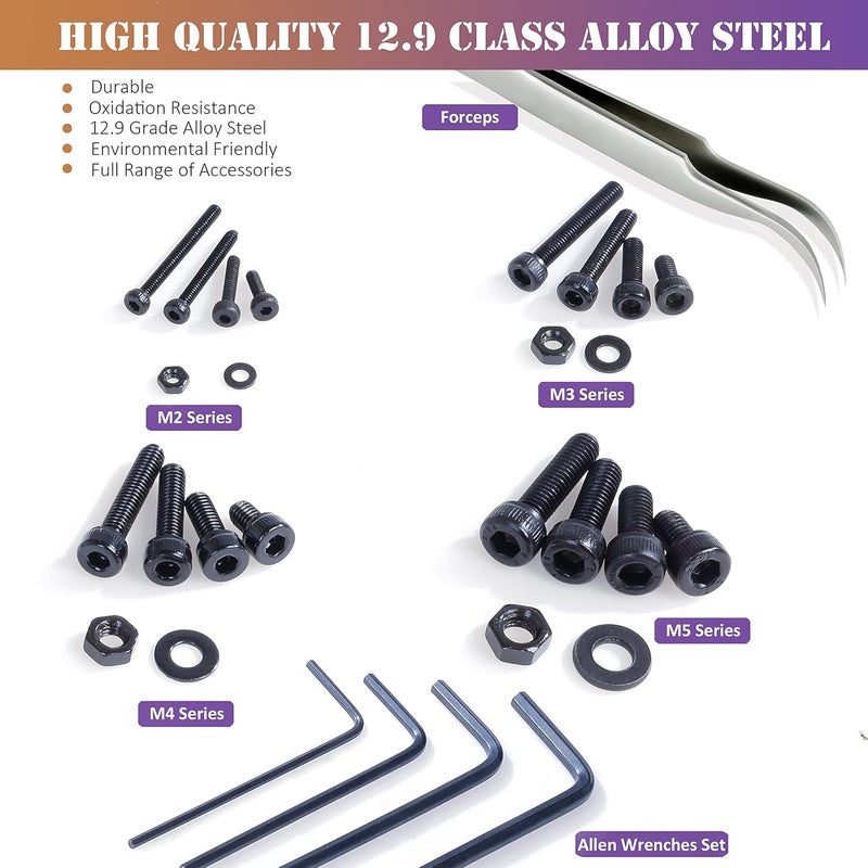 ZTF 840PCS M2 M3 M4 M5 Socket Head Cap Screws Nuts Assortment Kit with Storage Box, 12.9 Grade Alloy Steel Metric Thread Hexagon Allen Machine Bolt, DIN 912 Black Oxide Finish,4 Hex Wrenches Included - Image 5